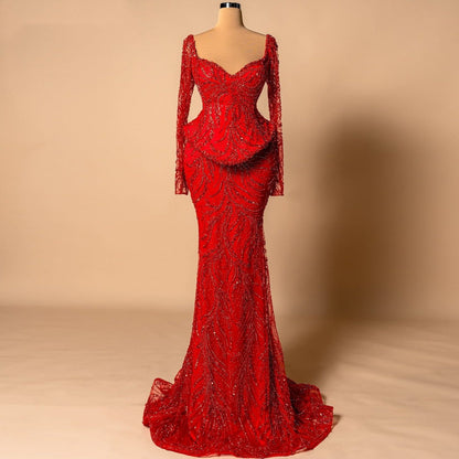 Playful Sweetheart Neck Red Mermaid Evening Dresses Sequins Sheer Long Sleeve Prom Dress AP6280