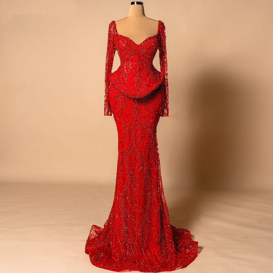Playful Sweetheart Neck Red Mermaid Evening Dresses Sequins Sheer Long Sleeve Prom Dress AP6280