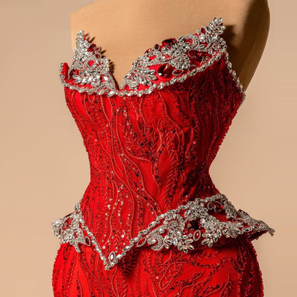Stylish Strapless Mermaid Evening Dresses Sequins Crystals Red Prom Dress AP6281