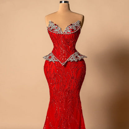 Stylish Strapless Mermaid Evening Dresses Sequins Crystals Red Prom Dress AP6281