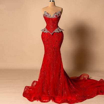 Stylish Strapless Mermaid Evening Dresses Sequins Crystals Red Prom Dress AP6281