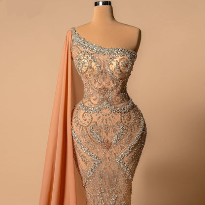 Fitted One Shoulder Sheath Evening Gowns With Sash Crystals Beading Prom Dress AP6282
