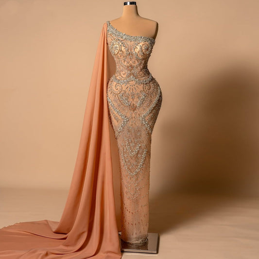 Fitted One Shoulder Sheath Evening Gowns With Sash Crystals Beading Prom Dress AP6282