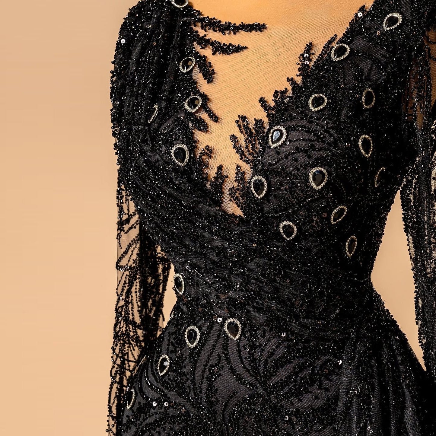 Gothic Style Illusion Neck Sheer Long Sleeve Mermaid Evening Dresses Black Crystals Sequins Prom Dress AP6283