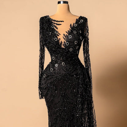 Gothic Style Illusion Neck Sheer Long Sleeve Mermaid Evening Dresses Black Crystals Sequins Prom Dress AP6283