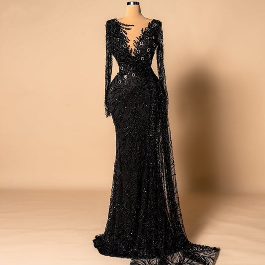 Gothic Style Illusion Neck Sheer Long Sleeve Mermaid Evening Dresses Black Crystals Sequins Prom Dress AP6283