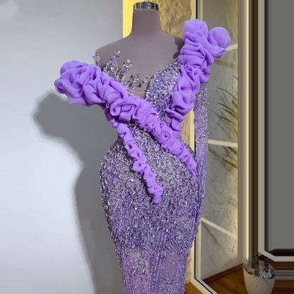 Trendy Purple Sheath Off-Shoulder Evening Dress Long Sleeve Crystals Sequins Prom Dress AP6284