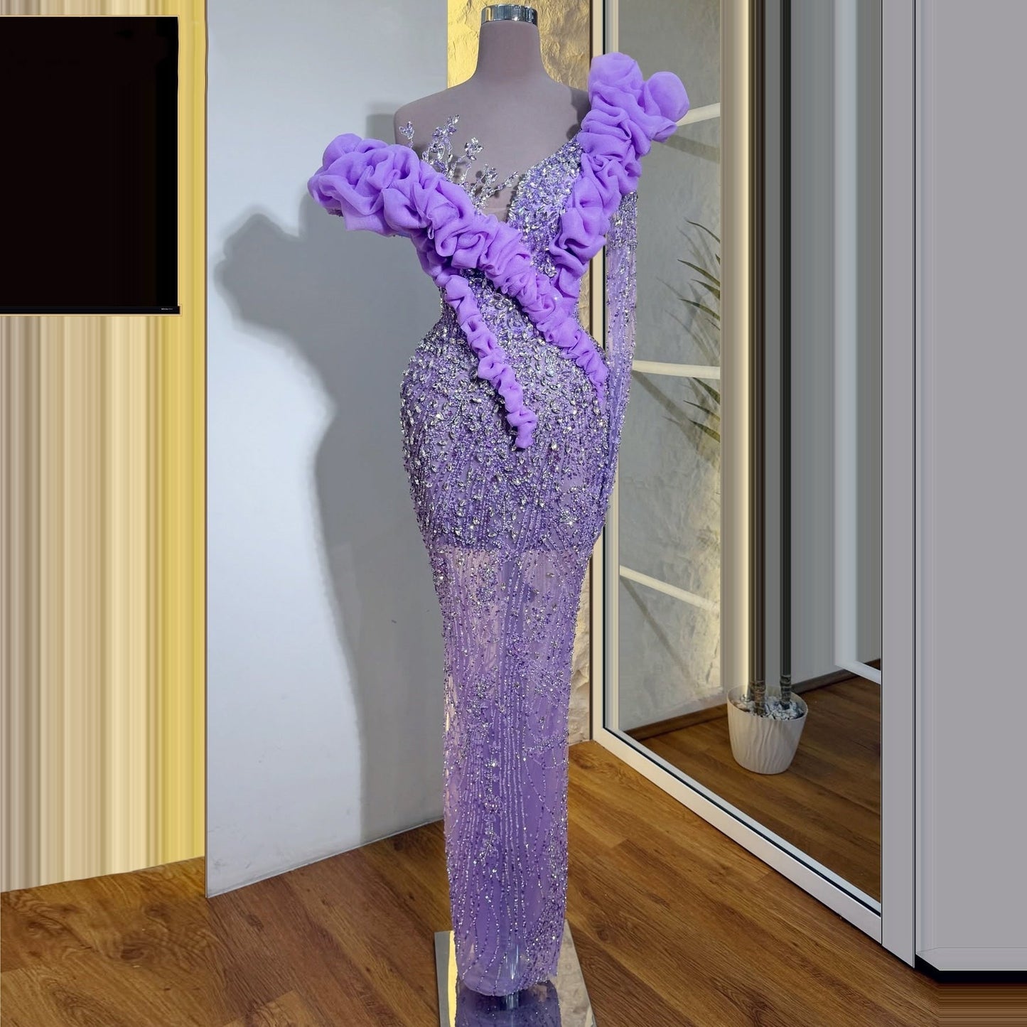 Trendy Purple Sheath Off-Shoulder Evening Dress Long Sleeve Crystals Sequins Prom Dress AP6284