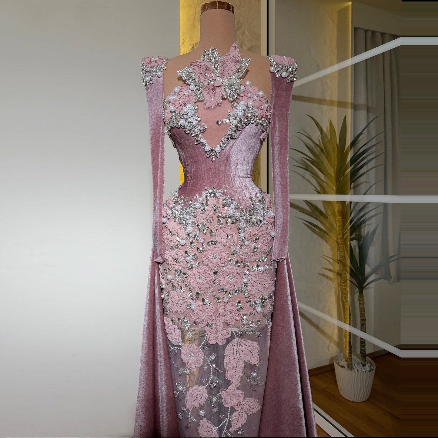 Attractive Sheath Asymmetrical Neck Evening Dress Long Sleeve Crystals Beads Prom Dress AP6285