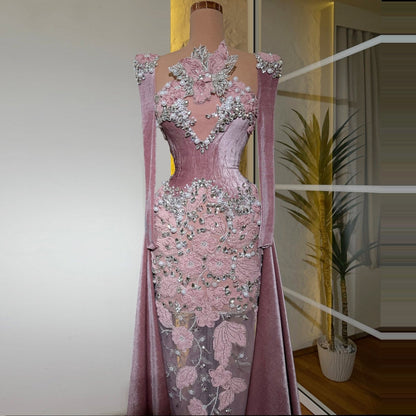 Attractive Sheath Asymmetrical Neck Evening Dress Long Sleeve Crystals Beads Prom Dress AP6285