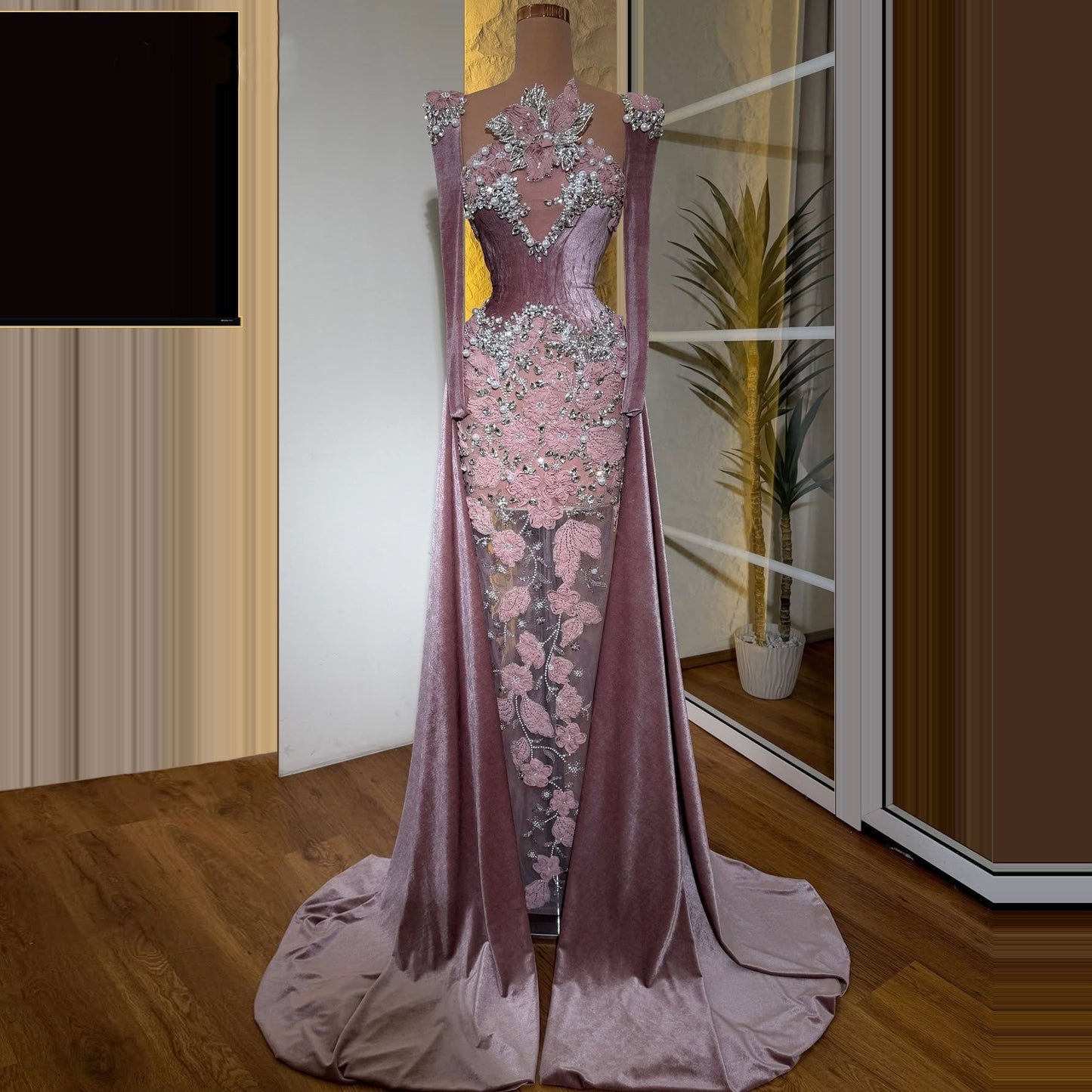 Attractive Sheath Asymmetrical Neck Evening Dress Long Sleeve Crystals Beads Prom Dress AP6285