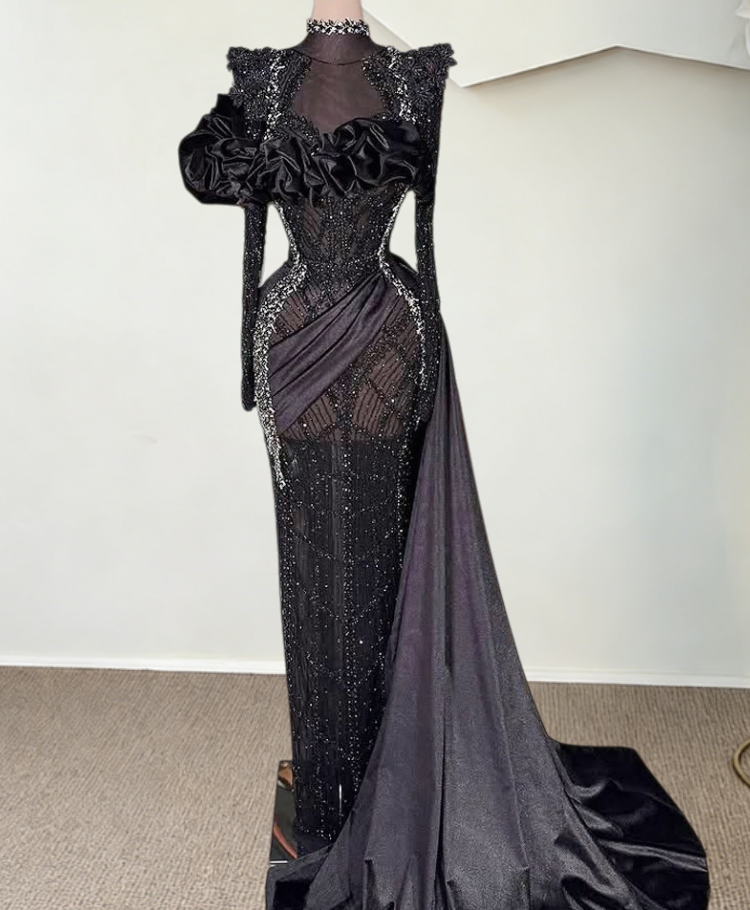 Glittering Vogue High Collar Sheath Evening Dress Long Sleeve Sequins Beading Prom Dress AP6287