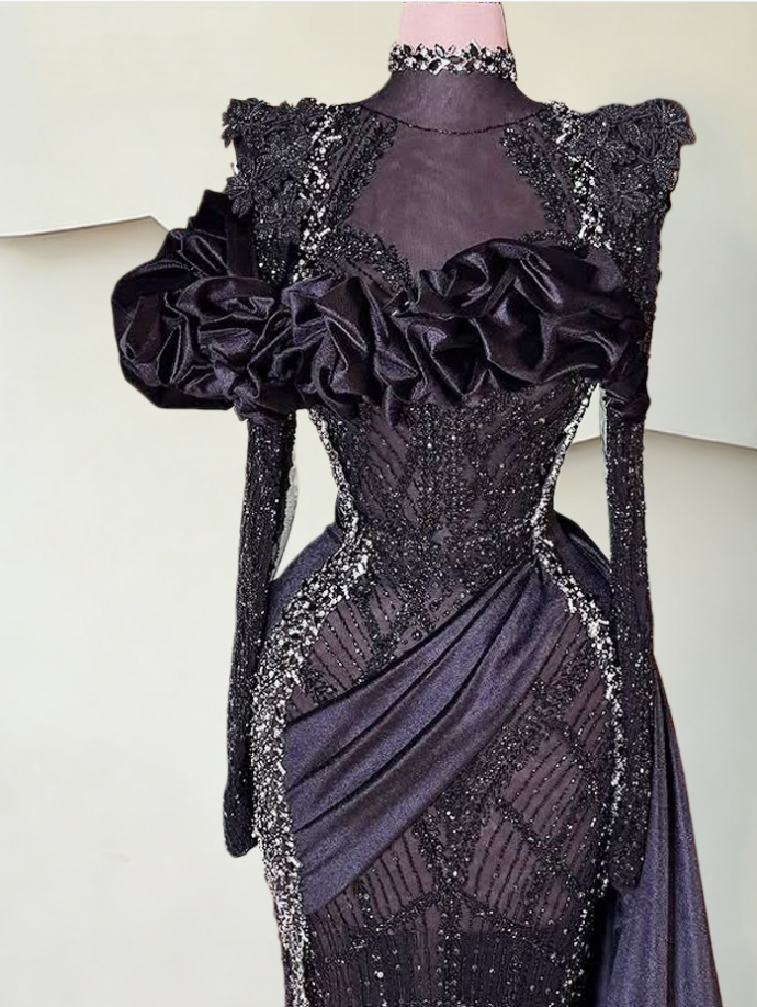 Glittering Vogue High Collar Sheath Evening Dress Long Sleeve Sequins Beading Prom Dress AP6287