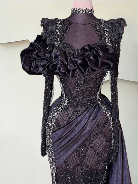 Glittering Vogue High Collar Sheath Evening Dress Long Sleeve Sequins Beading Prom Dress AP6287