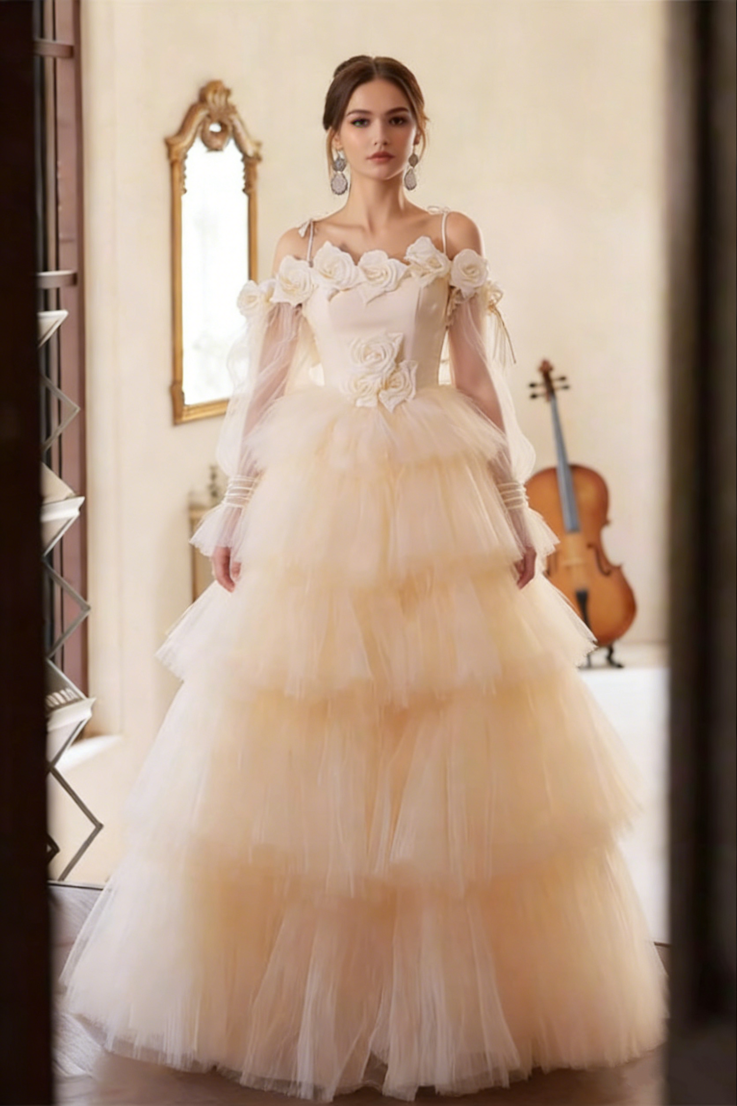 Modern Spaghetti Strap Long Sleeve A-Line Evening Gowns 3D Appliques Tiered Tulle Prom Dress AP6288