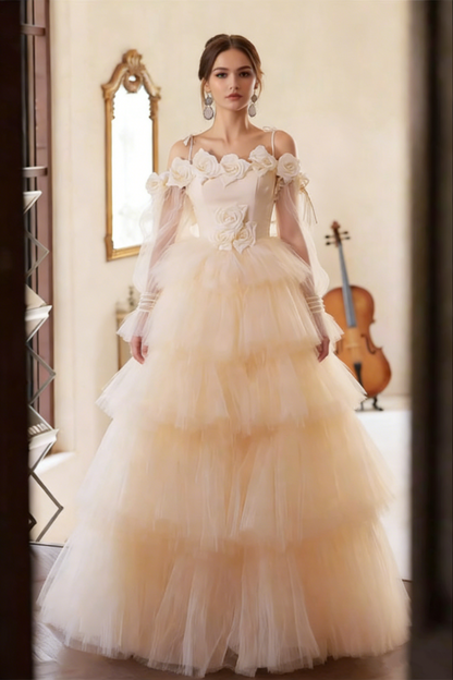 Modern Spaghetti Strap Long Sleeve A-Line Evening Gowns 3D Appliques Tiered Tulle Prom Dress AP6288