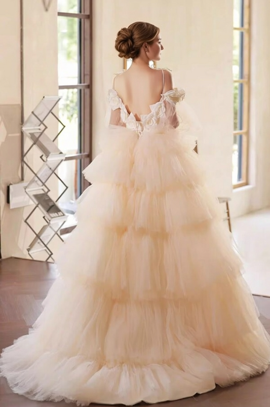 Modern Spaghetti Strap Long Sleeve A-Line Evening Gowns 3D Appliques Tiered Tulle Prom Dress AP6288