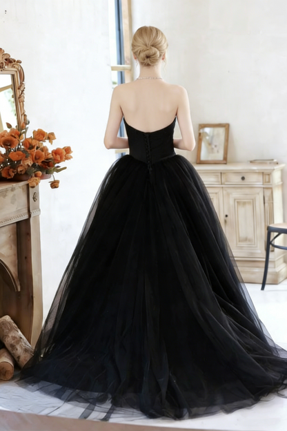 Princess A-Line Strapless Black Sweet 16th Gowns Simple Layered Tulle Prom Dress AP6289