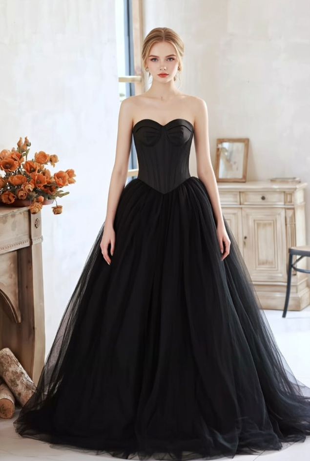 Princess A-Line Strapless Black Sweet 16th Gowns Simple Layered Tulle Prom Dress AP6289