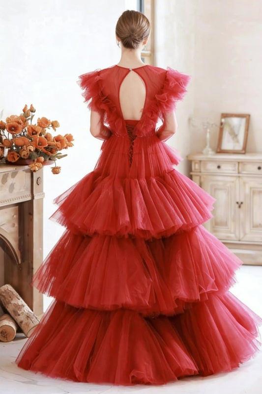 Pretty A-Line Red Jewel Neck Sweet 16th Dresses Long Sleeve Tiered Tulle Prom Dress AP6290