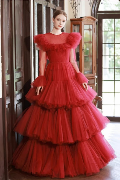 Pretty A-Line Red Jewel Neck Sweet 16th Dresses Long Sleeve Tiered Tulle Prom Dress AP6290