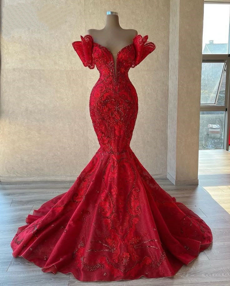 Hot Girls Off-Shoulder Red Mermaid Evening Dresses Sequins Beading Prom Dress AP6293