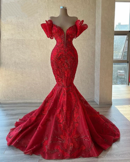 Hot Girls Off-Shoulder Red Mermaid Evening Dresses Sequins Beading Prom Dress AP6293