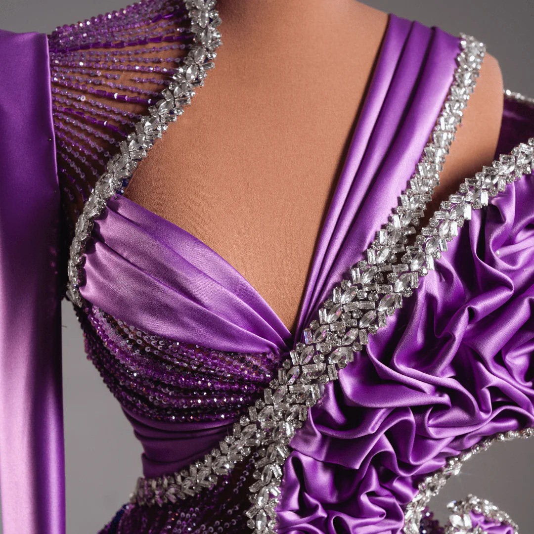 Asymmetric Neck Sheath Ruffled Evening Dress Long Sleeve Crystals Beading Prom Dress AP6294