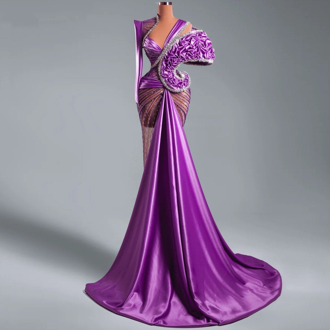 Asymmetric Neck Sheath Ruffled Evening Dress Long Sleeve Crystals Beading Prom Dress AP6294
