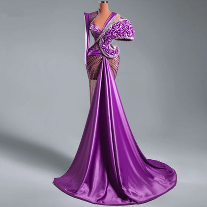 Asymmetric Neck Sheath Ruffled Evening Dress Long Sleeve Crystals Beading Prom Dress AP6294