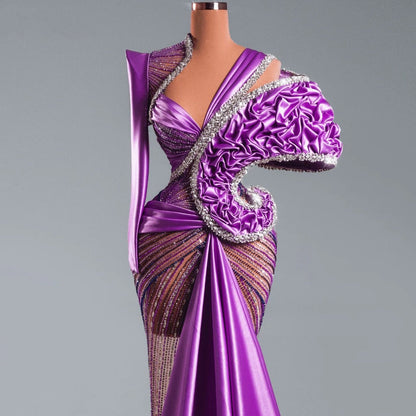 Asymmetric Neck Sheath Ruffled Evening Dress Long Sleeve Crystals Beading Prom Dress AP6294