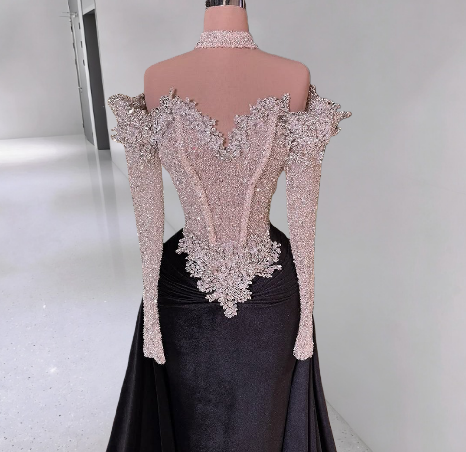 Hottie Sheath Off-Shoulder Black Evening Gowns Long Sleeve Beading Rhinestones Prom Dress AP6296