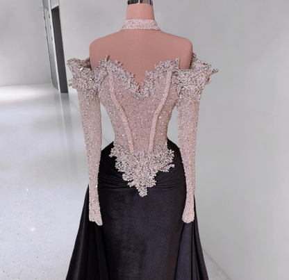 Hottie Sheath Off-Shoulder Black Evening Gowns Long Sleeve Beading Rhinestones Prom Dress AP6296