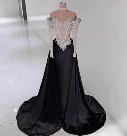 Hottie Sheath Off-Shoulder Black Evening Gowns Long Sleeve Beading Rhinestones Prom Dress AP6296
