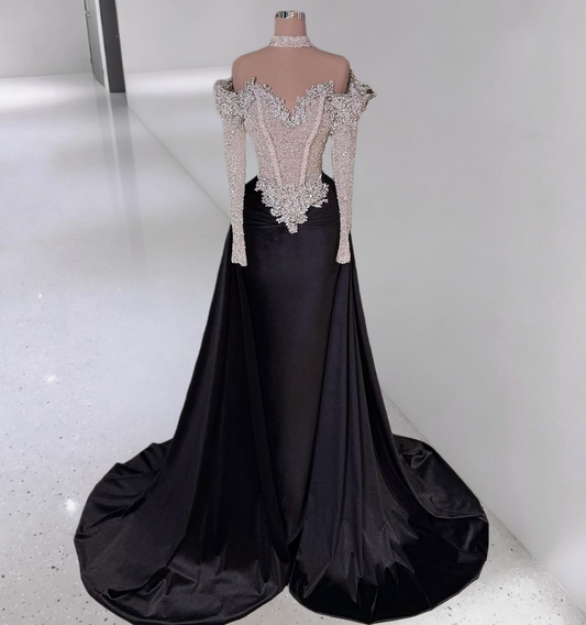 Hottie Sheath Off-Shoulder Black Evening Gowns Long Sleeve Beading Rhinestones Prom Dress AP6296