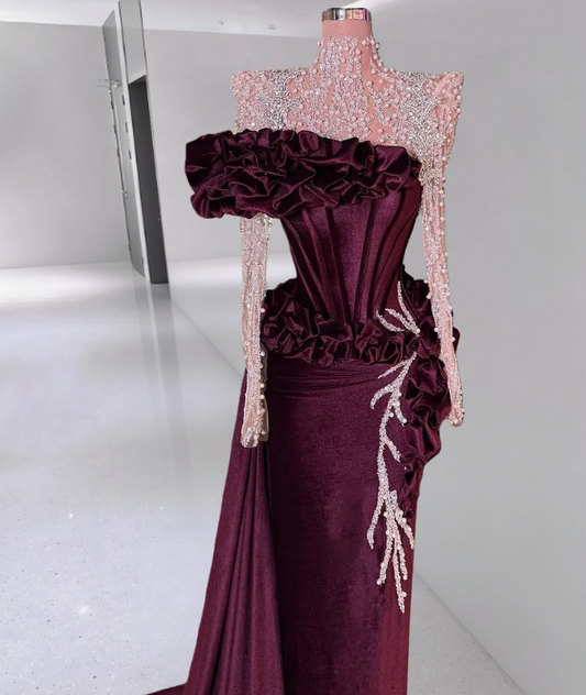 Casual Sheath High Collar Ruffled Beading Evening Gowns Long Sleeve Sequins Prom Dress AP6297