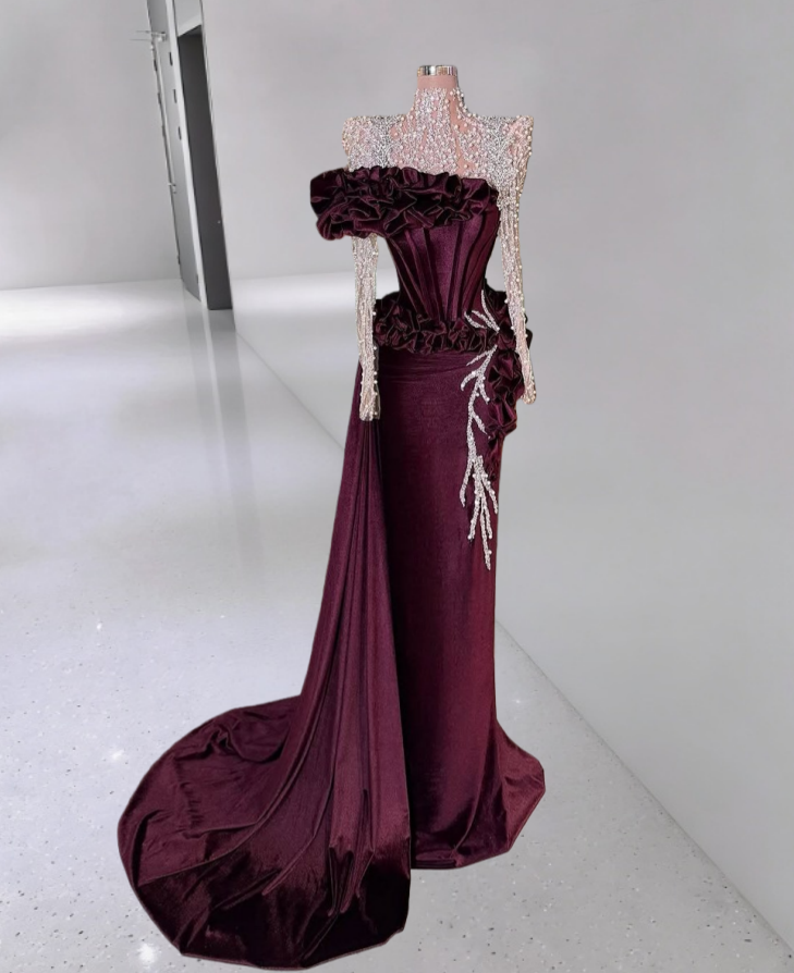 Casual Sheath High Collar Ruffled Beading Evening Gowns Long Sleeve Sequins Prom Dress AP6297