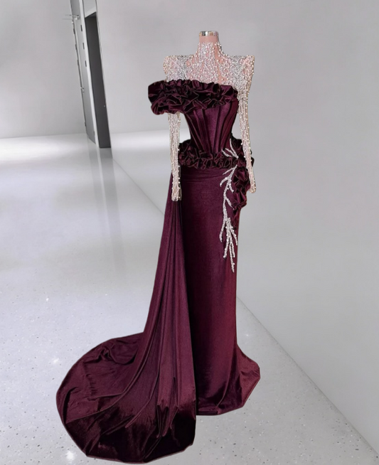 Casual Sheath High Collar Ruffled Beading Evening Gowns Long Sleeve Sequins Prom Dress AP6297