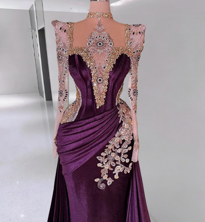 New Tendency Sheath Illusion Neck Beading Evening Gowns Long Sleeve Crystals Prom Dress AP6299