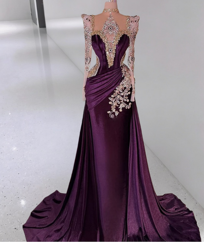 New Tendency Sheath Illusion Neck Beading Evening Gowns Long Sleeve Crystals Prom Dress AP6299