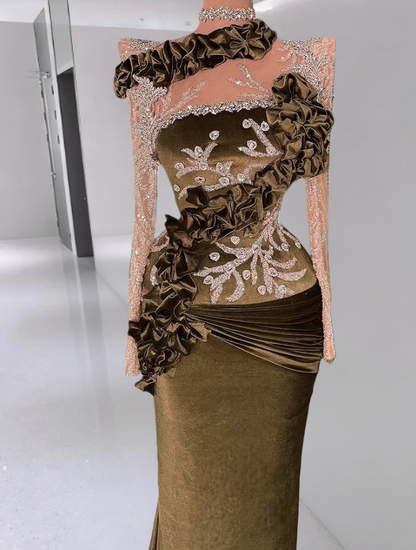 Y2K Style Ruffles Sheath Illusion Neck Rhinestones Evening Gowns Long Sleeve Beading Prom Dress AP6300