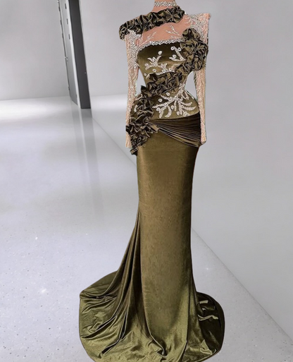 Y2K Style Ruffles Sheath Illusion Neck Rhinestones Evening Gowns Long Sleeve Beading Prom Dress AP6300