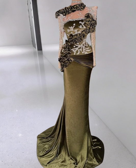 Y2K Style Ruffles Sheath Illusion Neck Rhinestones Evening Gowns Long Sleeve Beading Prom Dress AP6300