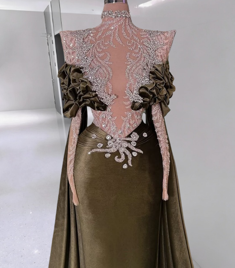 Fairy Sheath Illusion Neck Long Sleeve Evening Gowns Sequins Crystals Prom Dress AP6301