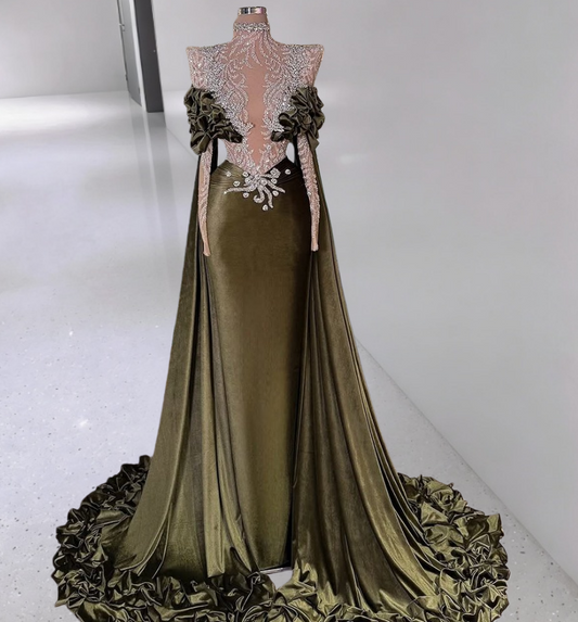 Fairy Sheath Illusion Neck Long Sleeve Evening Gowns Sequins Crystals Prom Dress AP6301