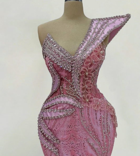 Exquisite One Shoulder Beading Sequins Mermaid Evening Dresses Crystals Pink Prom Dress AP6302