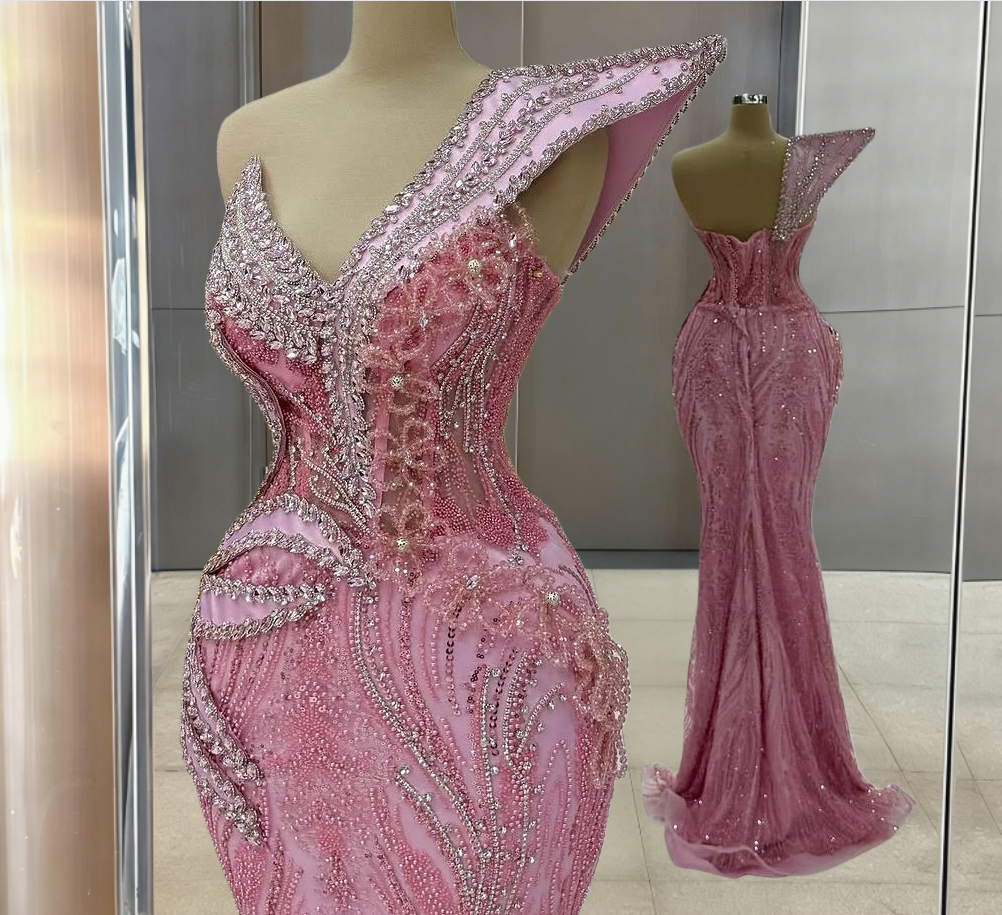 Exquisite One Shoulder Beading Sequins Mermaid Evening Dresses Crystals Pink Prom Dress AP6302