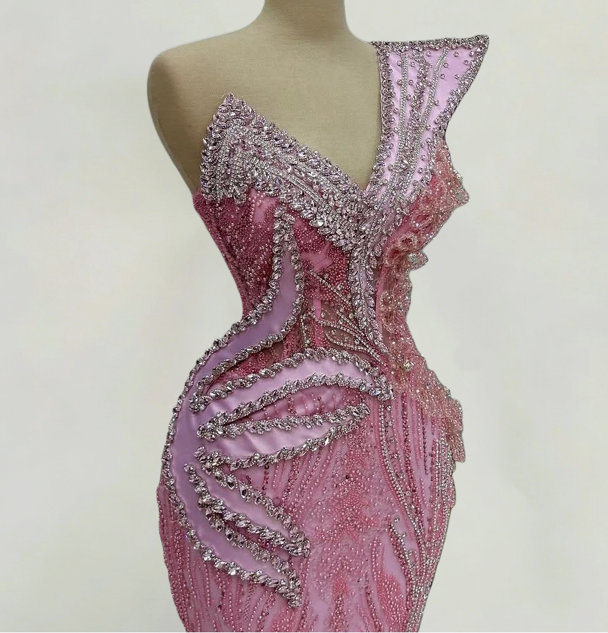 Exquisite One Shoulder Beading Sequins Mermaid Evening Dresses Crystals Pink Prom Dress AP6302