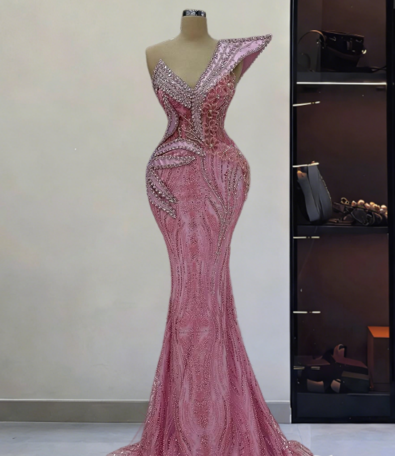 Exquisite One Shoulder Beading Sequins Mermaid Evening Dresses Crystals Pink Prom Dress AP6302