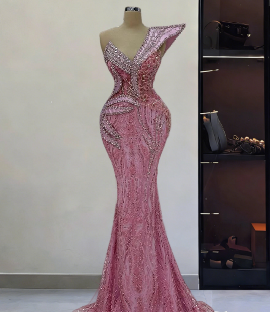 Exquisite One Shoulder Beading Sequins Mermaid Evening Dresses Crystals Pink Prom Dress AP6302